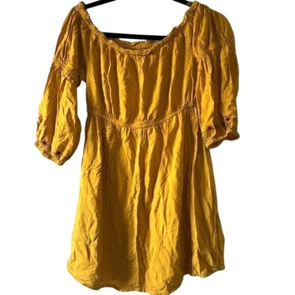 Yellow Floral Embroidered Peasant Blouse Feathers Womens M Cotton - Picture 7 of 8